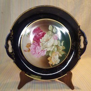 Antique Navy Blue Cake Plate Hand Painted Roses Austria Porcelain Gold Trim